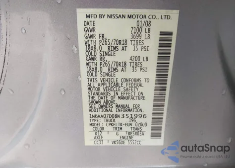 2008 Nissan Titan Se/Xe z USA, uszkodzony, nr VIN 1N6AA07D08N351996